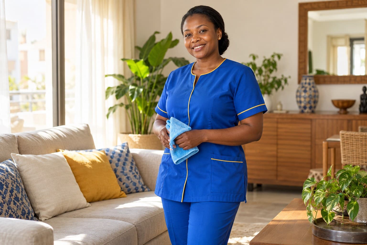 Une professionnelle Ya Maï en tenue bleue à liseré or, dans un salon lumineux